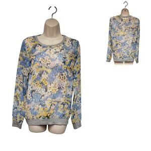 Anthropologie Women's Future Vintage Blue/Yellow Spotted Blouse Long Sleeve SM